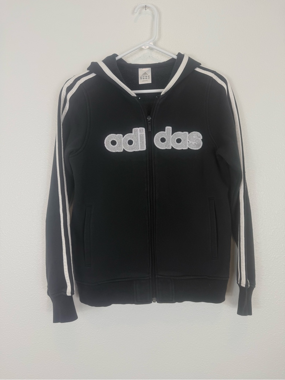 Adidas Three Stripe Hoodie Sweatshirt Silver Spell out Logo S